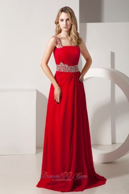 Red Empire Beading One Shoulder Chiffon Prom Dress