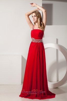 Red Empire Beading One Shoulder Chiffon Prom Dress