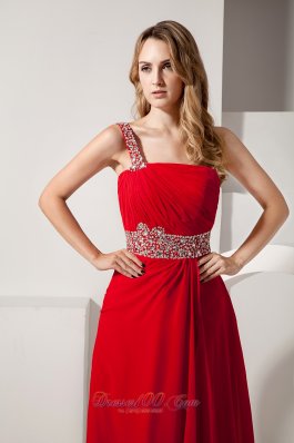 Red Empire Beading One Shoulder Chiffon Prom Dress