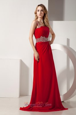 Red Empire Beading One Shoulder Chiffon Prom Dress