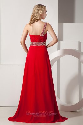 Red Empire Beading One Shoulder Chiffon Prom Dress