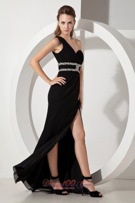 One Shoulder Black Side Slit Beading Prom Evening Dress