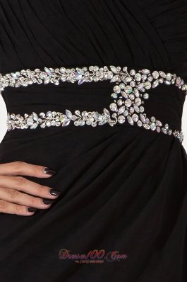 One Shoulder Black Side Slit Beading Prom Evening Dress