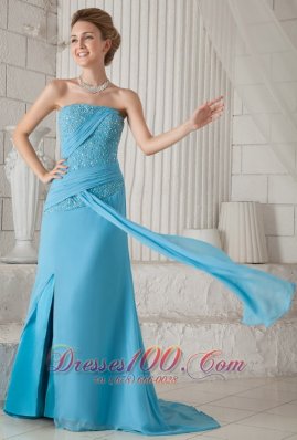 Aqua Blue Brush Train Chiffon Beading New Arrival