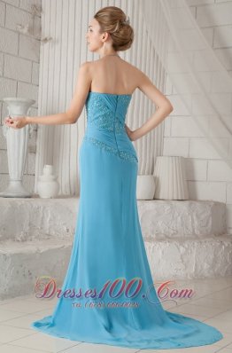 Aqua Blue Brush Train Chiffon Beading New Arrival