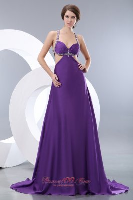 Purple Elastic Beading Halter Brush Train Evening Dress