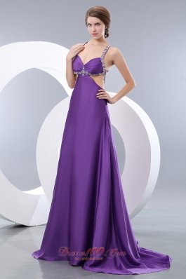 Purple Elastic Beading Halter Brush Train Evening Dress