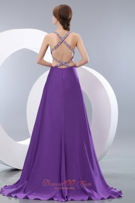 Purple Elastic Beading Halter Brush Train Evening Dress