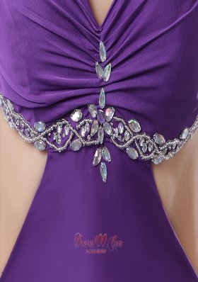 Purple Elastic Beading Halter Brush Train Evening Dress