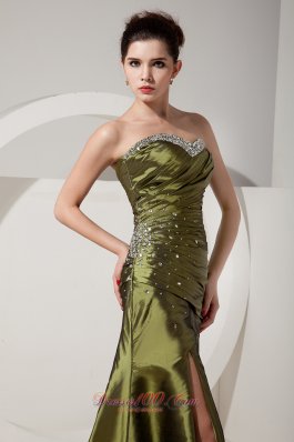 Olive Green Column Beading Brush Train Prom Dress