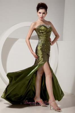 Olive Green Column Beading Brush Train Prom Dress