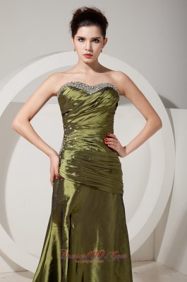 Olive Green Column Beading Brush Train Prom Dress