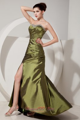 Olive Green Column Beading Brush Train Prom Dress