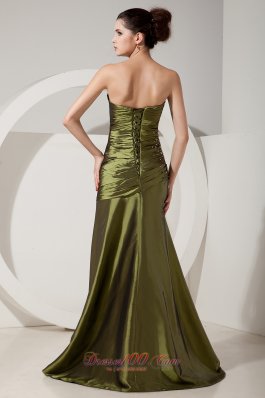 Olive Green Column Beading Brush Train Prom Dress