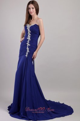 Blue Chape Train Appliques Prom Dress New Arrival