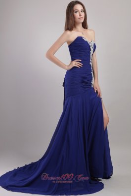 Blue Chape Train Appliques Prom Dress New Arrival