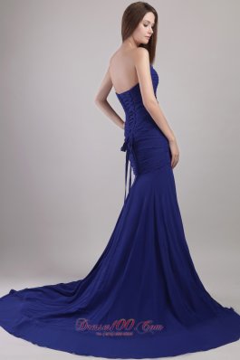 Blue Chape Train Appliques Prom Dress New Arrival