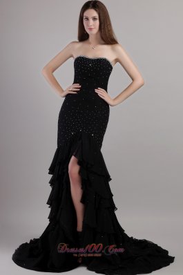 Black Trumpet Court Train Chiffon Beading Prom Evening Dress