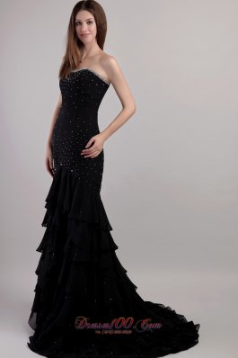 Black Trumpet Court Train Chiffon Beading Prom Evening Dress