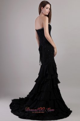 Black Trumpet Court Train Chiffon Beading Prom Evening Dress