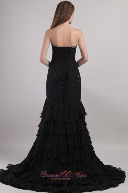 Black Trumpet Court Train Chiffon Beading Prom Evening Dress