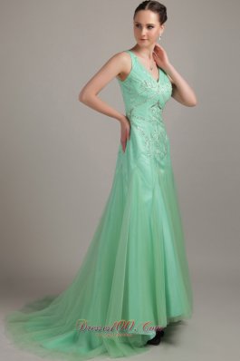 Apple Green Empire Sweep Train Beaidng Prom Dress