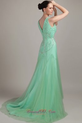 Apple Green Empire Sweep Train Beaidng Prom Dress