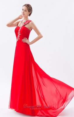 Red One Shoulder Empire Train Embroidery Prom Dress