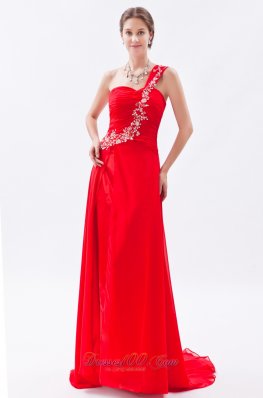 Red One Shoulder Empire Train Embroidery Prom Dress