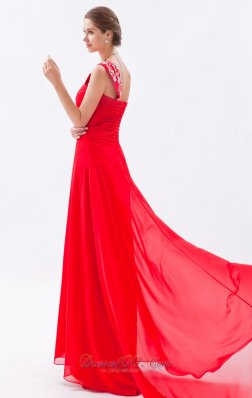 Red One Shoulder Empire Train Embroidery Prom Dress