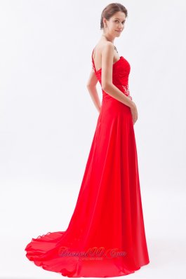 Red One Shoulder Empire Train Embroidery Prom Dress