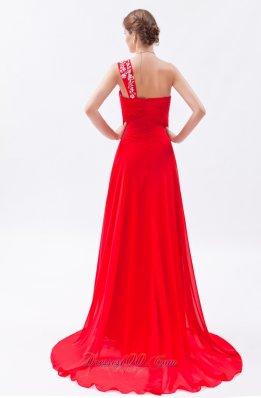 Red One Shoulder Empire Train Embroidery Prom Dress