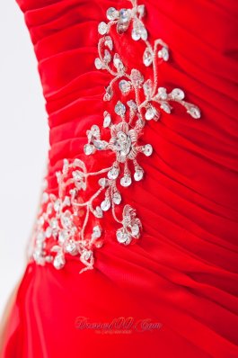 Red One Shoulder Empire Train Embroidery Prom Dress