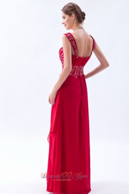 Beading Straps Coral Red Chiffon Prom Dress