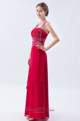 Beading Straps Coral Red Chiffon Prom Dress