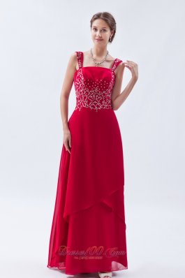 Beading Straps Coral Red Chiffon Prom Dress