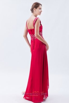 Beading Straps Coral Red Chiffon Prom Dress