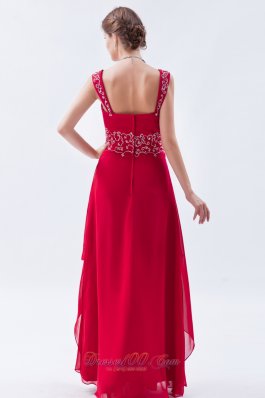 Beading Straps Coral Red Chiffon Prom Dress