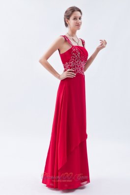 Beading Straps Coral Red Chiffon Prom Dress