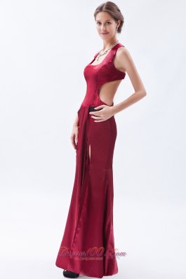 Square Neck Satin Wine Red Prom Dress