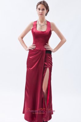 Square Neck Satin Wine Red Prom Dress