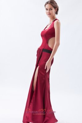 Square Neck Satin Wine Red Prom Dress