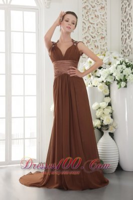 V Neck Beading Waistband Brush Train Prom / Evening Dress