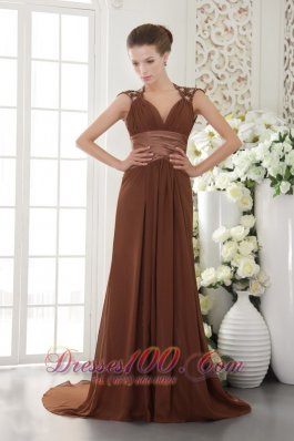 V Neck Beading Waistband Brush Train Prom / Evening Dress