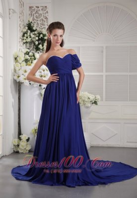 One Shoulder Blue Brush Train Prom / Graduation Dress