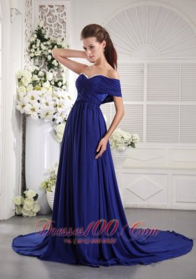 One Shoulder Blue Brush Train Prom / Graduation Dress