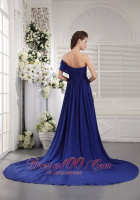 One Shoulder Blue Brush Train Prom / Graduation Dress