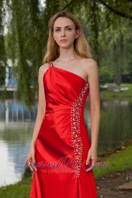 Red One Shoulder Floor-length Beading Prom Dress