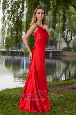 Red One Shoulder Floor-length Beading Prom Dress