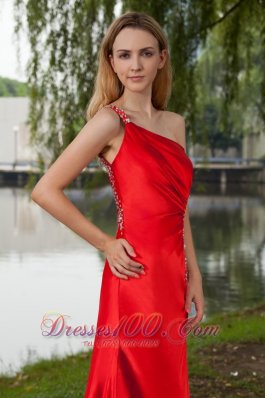 Red One Shoulder Floor-length Beading Prom Dress